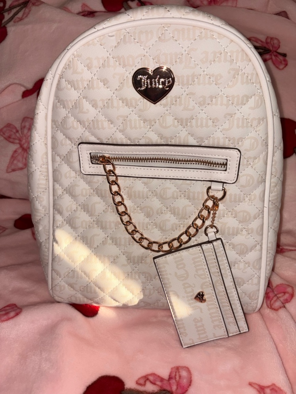 Juicy Couture Cream Quilted Mini Backpack with Gold Heart Accent